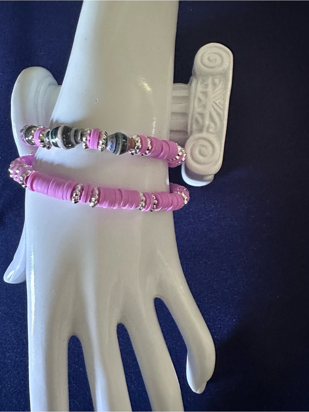 Pink and Multi-Colored Beads with Silver Accents Handmade Stretch Bracelets - Picture 3 of 4